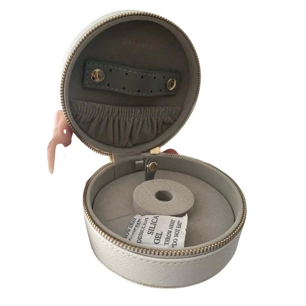 Pandora Small Round Travel Jewelry Case White Saffiano Gold Zip Organizer